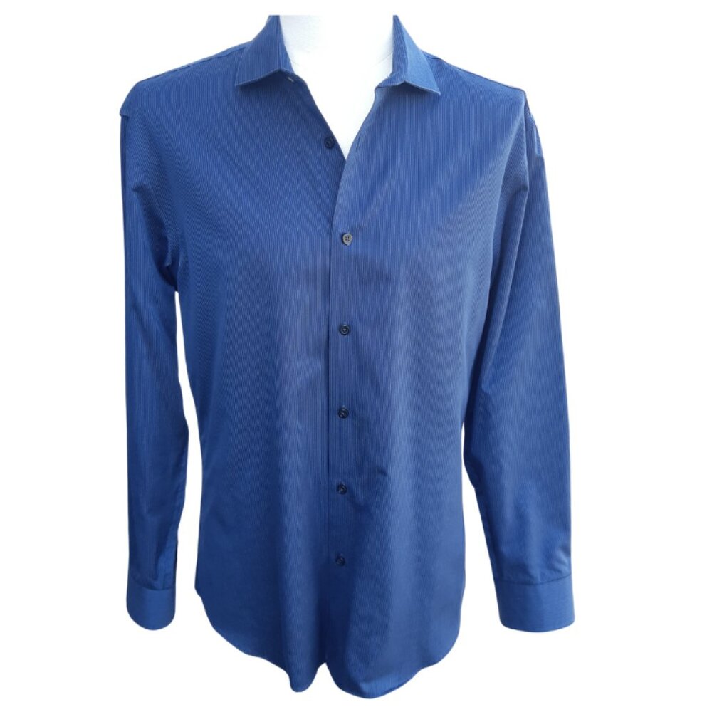 Calvin Klein SZ 16 Slim Fit No Iron Blue Pinstripe LS Button Up Shirt